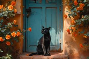 AI generated There was a cute black cat sitting near the door, guarding the entrance photo