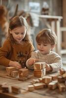 AI generated A wooden board game for maintaining balance. Children play games in which balance and self-control are important photo