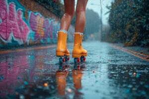 ai generado hermosa piernas largas muchachas actitud en Clásico rodillo patines en el parque en un calentar verano día foto