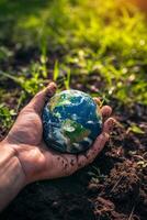 AI generated Close-up of a man's hands holding a globe of the earth. Earth Day Concept Save the World save the environment photo