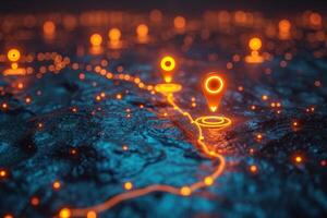 AI generated Macro photography of placemarks over the main capitals of the European continent. A map of Europe in neon light with markers. 3d illustration photo