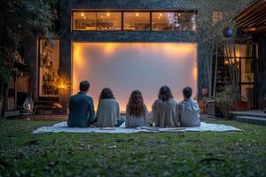 ai generado el familia es acecho un proyector en el calle cerca el casa , películas en el yarda foto