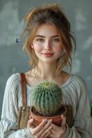 AI generated A girl holds a flower pot with a green cactus. Environmental protection and activism. Gardening and planting plants at home photo