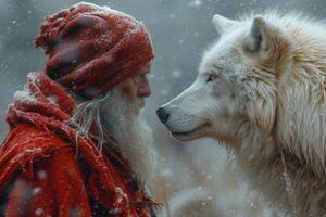 ai generado un mayor hombre en frente de un lobo en naturaleza foto