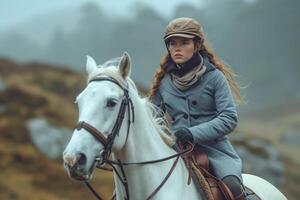 ai generado un joven bonito niña en calentar ropa montando un caballo en contra el antecedentes de naturaleza foto