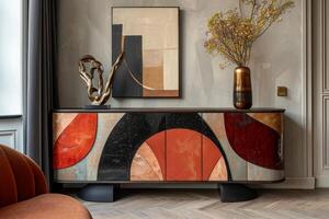 AI generated stylish sideboard decorated in a colorful style in the interior photo