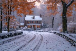 AI generated A natural winter landscape with a house . A beautiful winter place in nature photo