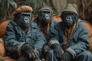 AI generated Gorillas in clothes are sitting on a couch outside photo