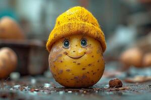 AI generated Potatoes in a yellow hat with a funny smiley face photo
