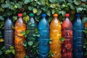 AI generated A bunch of used colored plastic bottles are ready for recycling photo