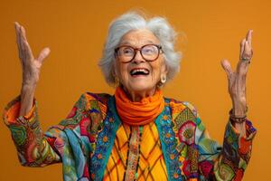 AI generated A happy and playful elderly woman in colored clothes on a yellow background photo