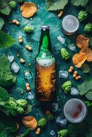 AI generated Realistic beer bottle with golden bubbles on the background with snacks. A refreshing drink without a label photo