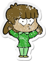 distressed sticker of a cartoon whistling girl png