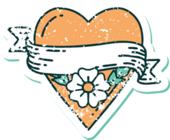 image emblématique de style tatouage autocollant en détresse d'une fleur de coeur et d'une bannière png