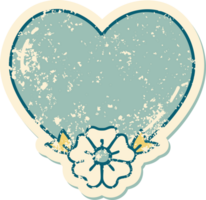 iconic distressed sticker tattoo style image of a heart and flower png