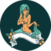 tattoo style icon of a pinup mermaid with banner png