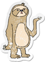 distressed sticker of a quirky hand drawn cartoon sloth png