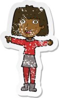 retro distressed sticker of a cartoon happy woman pointing png