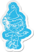 cartoon distressed sticker of a angry man pointing wearing santa hat png