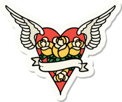 tattoo style sticker of a flying heart with flowers and banner png