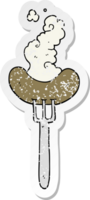 distressed sticker of a cartoon sausage on fork png