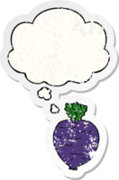 cartoon root vegetable and thought bubble as a distressed worn sticker png