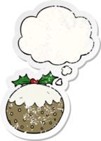 pudín de navidad de dibujos animados y burbuja de pensamiento como una pegatina gastada angustiada png