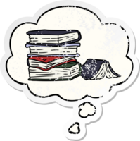 cartoon pile of books and thought bubble as a distressed worn sticker png