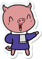 sticker of a happy cartoon pig in winter clothes png