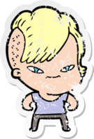 distressed sticker of a cute cartoon girl with hipster haircut png