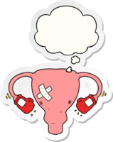 cartoon beat up uterus with boxing gloves and thought bubble as a printed sticker png