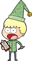 cartoon shocked xmas elf with clipboard and pen png