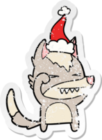 tired wolf distressed sticker cartoon of a wearing santa hat png