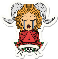 crying tiefling with natural one D20 dice roll sticker png