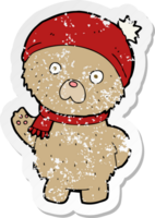 retro distressed sticker of a cartoon teddy bear in winter hat and scarf png