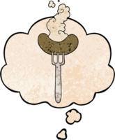 cartoon sausage on fork and thought bubble in grunge texture pattern style png