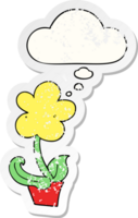 cute cartoon flower and thought bubble as a distressed worn sticker png