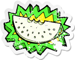 retro distressed sticker of a cartoon melon slice png