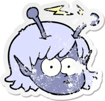 distressed sticker of a cartoon telepathic alien space girl face png