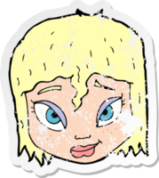 retro distressed sticker of a cartoon female face png