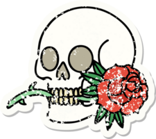 Traditionelles Distressed Sticker Tattoo mit einem Totenkopf und einer Rose png