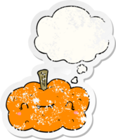 cartoon pumpkin and thought bubble as a distressed worn sticker png