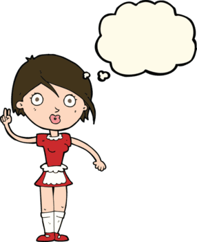 caricatura, camarera, elaboración, mano, gesto, con, pensamiento, burbuja png