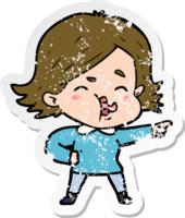 distressed sticker of a cartoon girl pulling face png