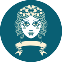 icône avec bannière de visage féminin avec couronne de fleurs png