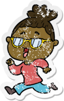 distressed sticker of a cartoon happy woman wearing spectacles png