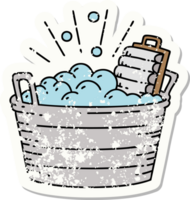 grunge sticker of tattoo style old washboard and scrubbing bowl png