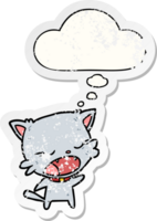 chat de dessin animé parlant et bulle de pensée comme un autocollant usé en détresse png