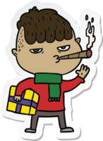 sticker of a cartoon man smoking carrying christmas gift png