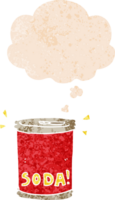 cartoon soda can and thought bubble in retro textured style png